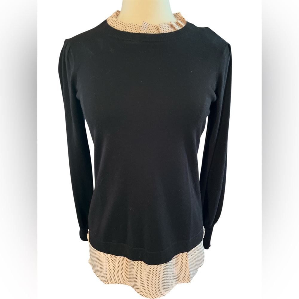 Adrianna Papell Black/ivory twofer Sweater w/polka dot hem, ruffle detail Size S